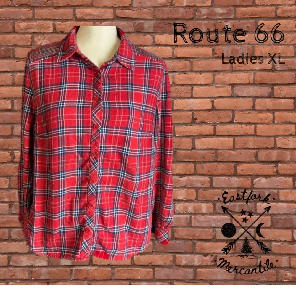 Route 66, Ladies Flannel Red Plaid n' Sequin Western Button Down Shirt, XL